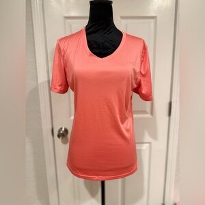 Tesla Coral Pink Short Sleeve V-Neck Activewear Top, Size Large
